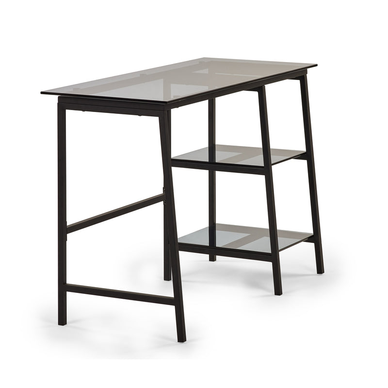 Black metal table with glass top and shelves on a white background