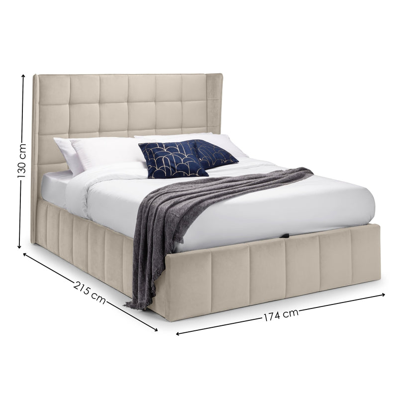 Beige upholstered bed with dimensions on a white background