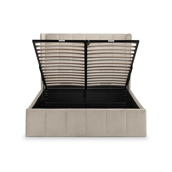 Beige bed frame with black headboard on a white background