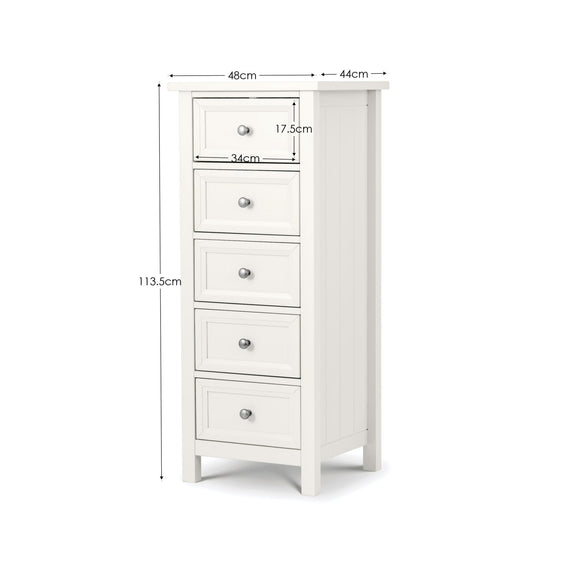 White dresser with dimensions labeled on a white background