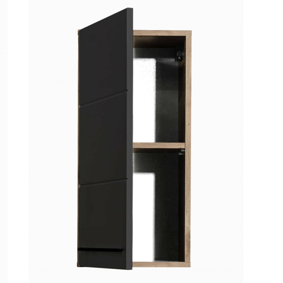 Black and wood cabinet with open door on a white background