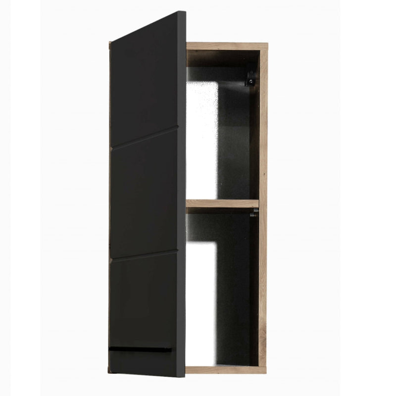Black and wood cabinet with open door on a white background