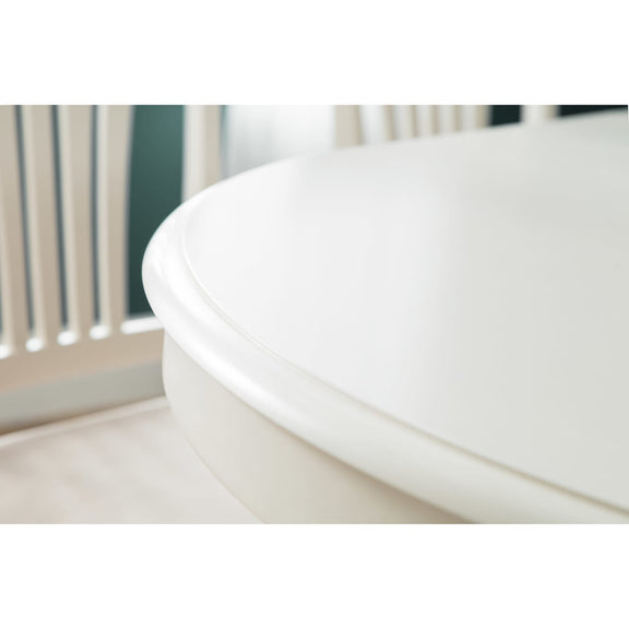 Close-up of a white toilet seat in a bathroom setting