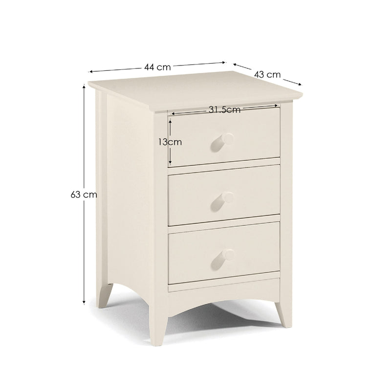 White nightstand with dimensions labeled on a white background