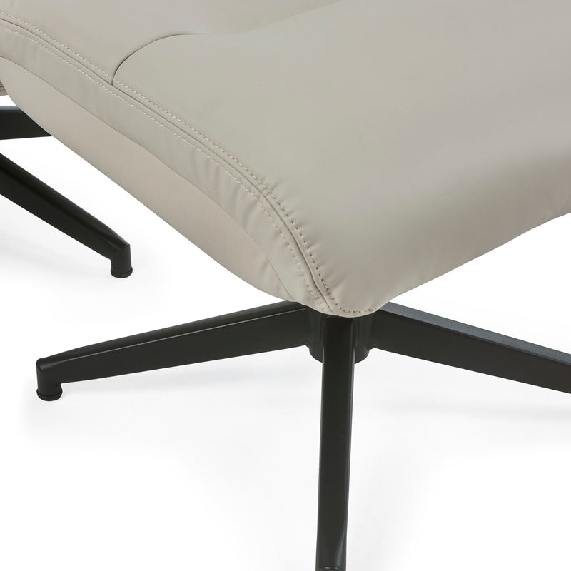 Close-up of a beige office chair with black metal base on a white background