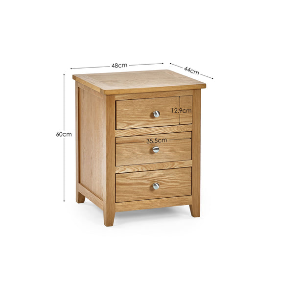 Wooden nightstand with dimensions labeled on a white background