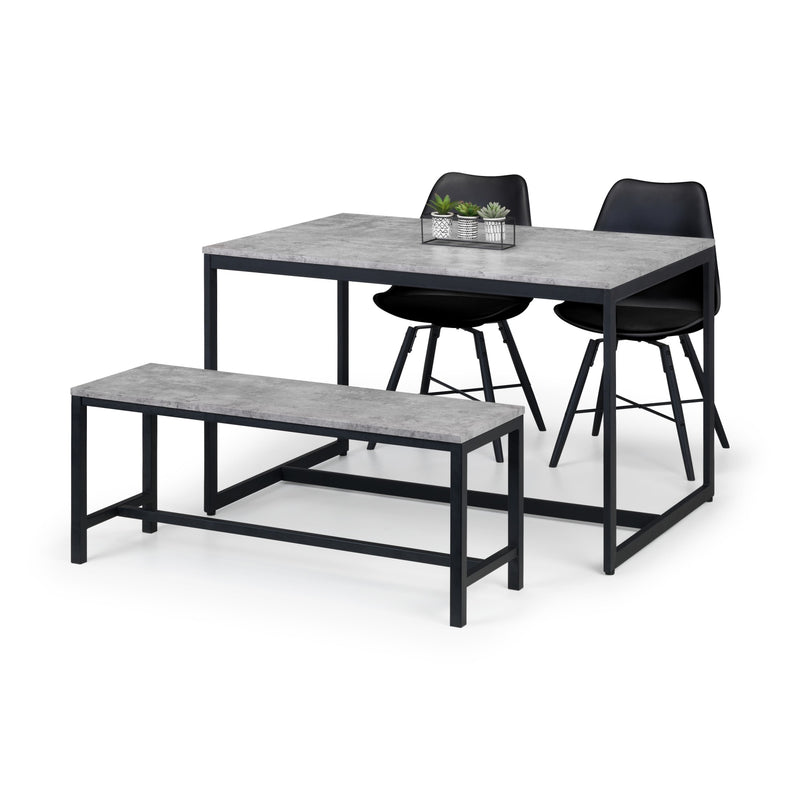 Dining set with table, bench, and chairs on a white background