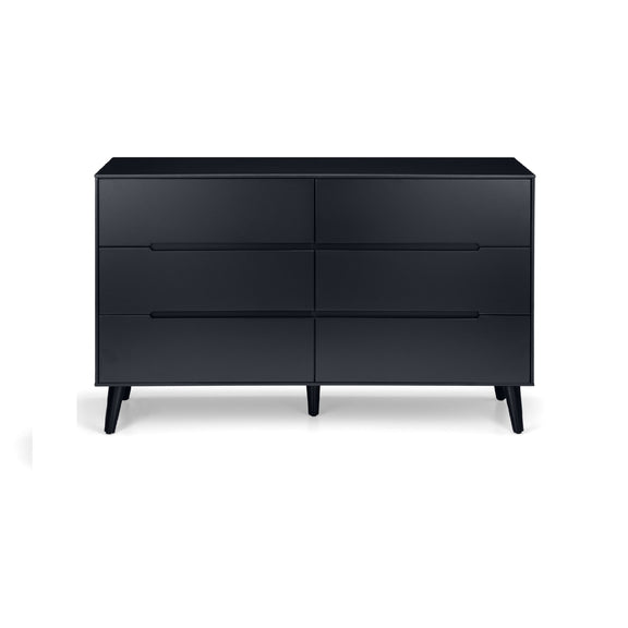 Black dresser with four drawers on a white background