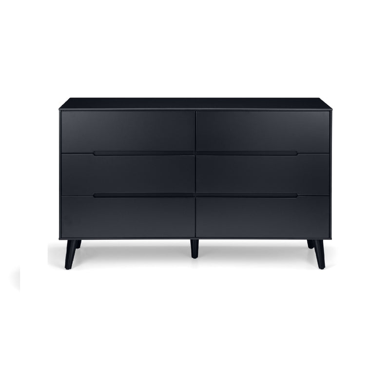 Black dresser with four drawers on a white background