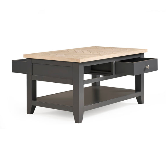 Coffee table with a wooden top and dark gray base on a white background