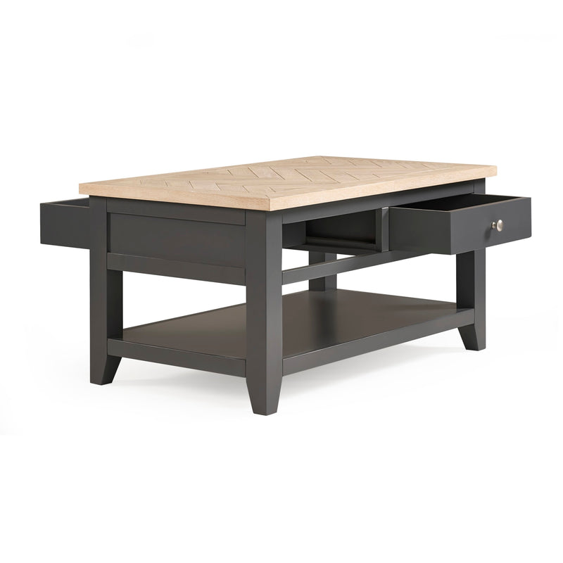 Coffee table with a wooden top and dark gray base on a white background