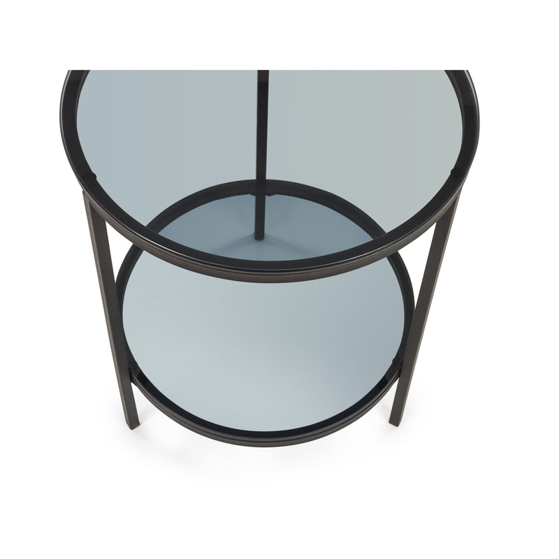 Round glass table with black metal frame on a white background