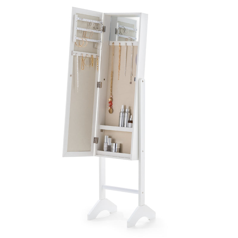 White standing jewelry armoire with open doors displaying jewelry on a white background