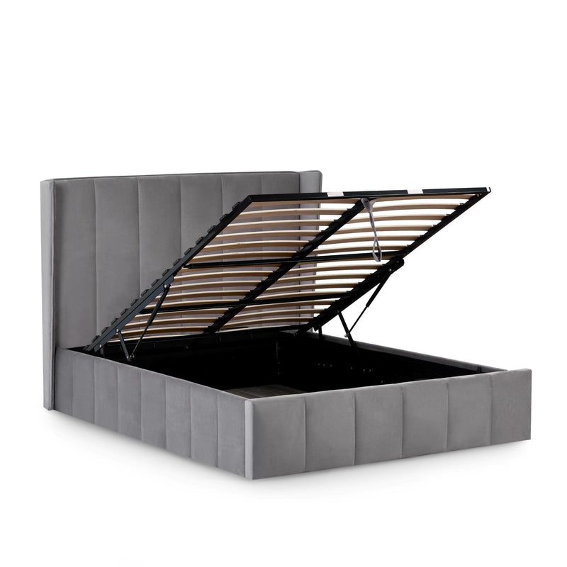 Gray upholstered bed with wooden slats on a white background