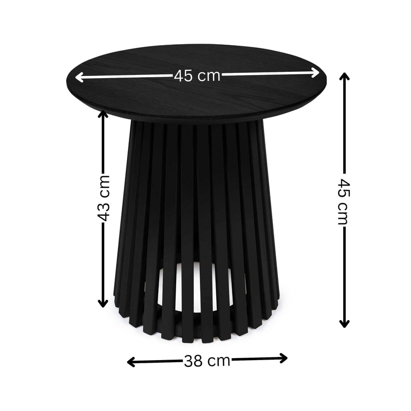 Black cylindrical stool with dimensions labeled on a white background