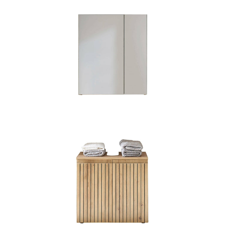 Bathroom setup with a wooden cabinet and mirror on a white background