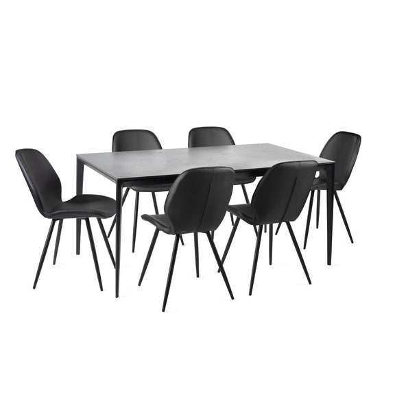Dining table set with six black chairs on a white background
