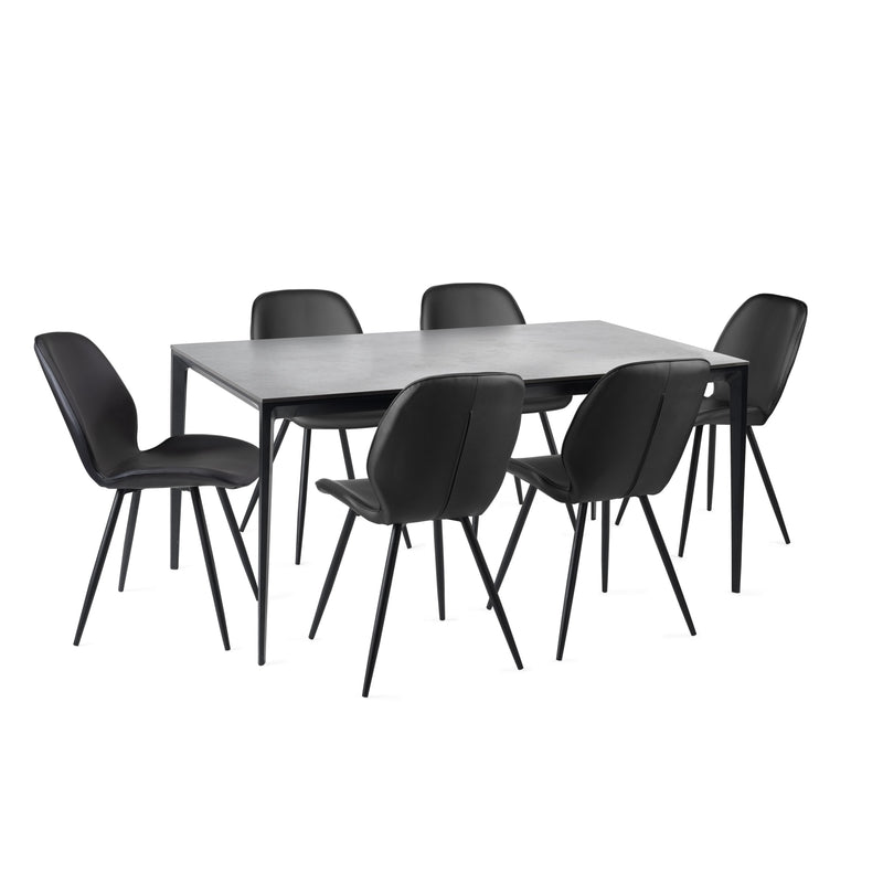 Dining table set with six black chairs on a white background