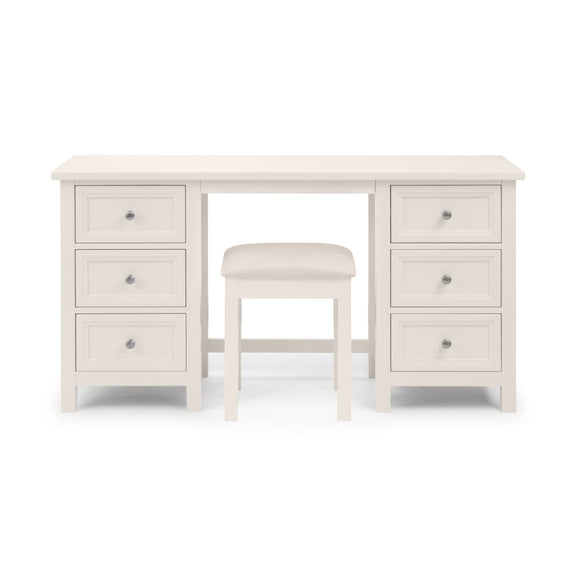 White desk with multiple drawers and a matching stool on a white background