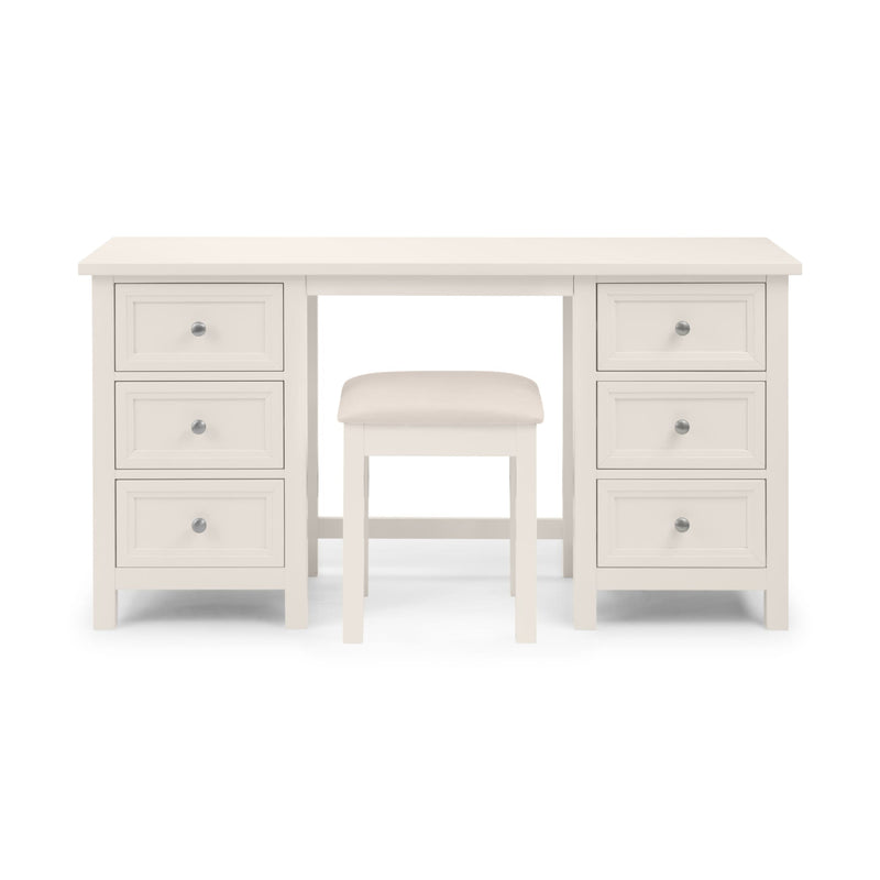 White desk with multiple drawers and a matching stool on a white background