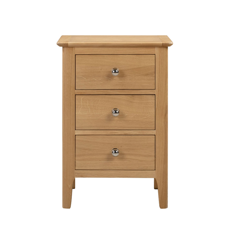 Wooden nightstand with three drawers on a white background
