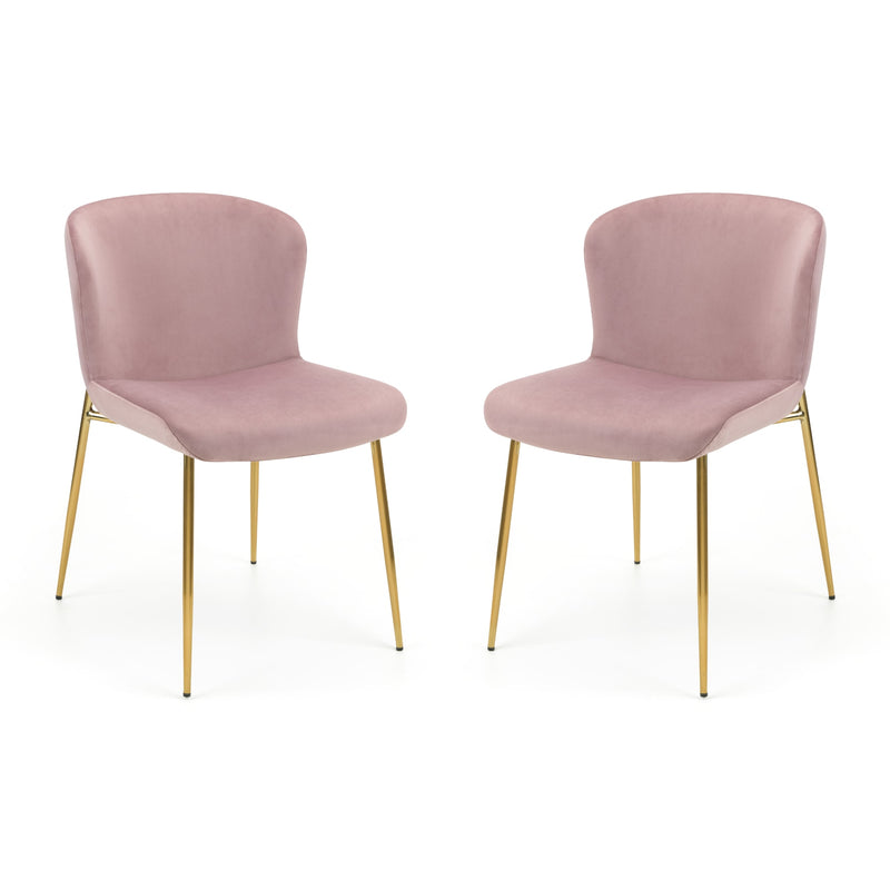 Two pink chairs with gold legs on a white background
