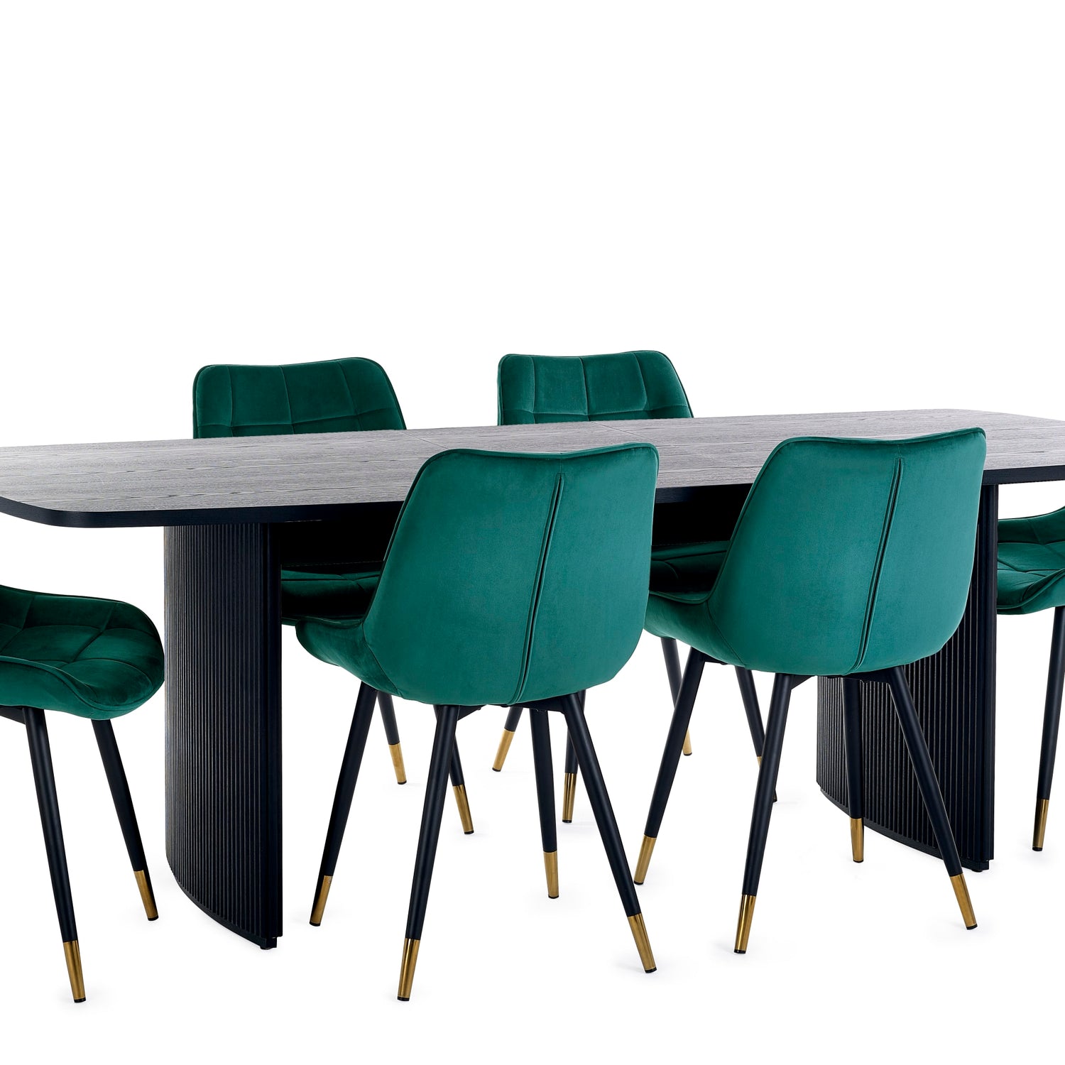 Dining table with six green chairs on a white background