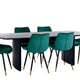 Dining table with six green chairs on a white background