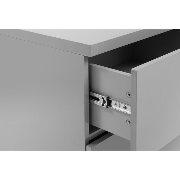 Gray metal cabinet with an open drawer showing a visible latch.