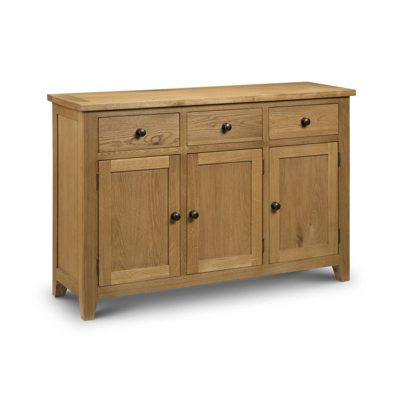 Wooden sideboard with three drawers and three doors on a white background