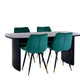 Dining table with four green chairs on a white background