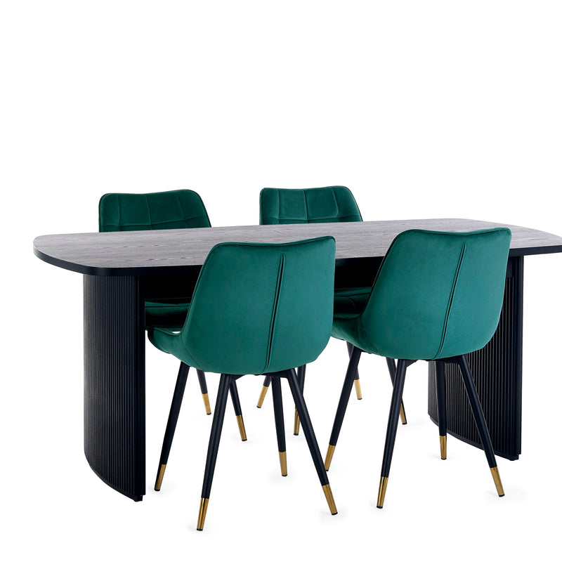 Dining table with four green chairs on a white background