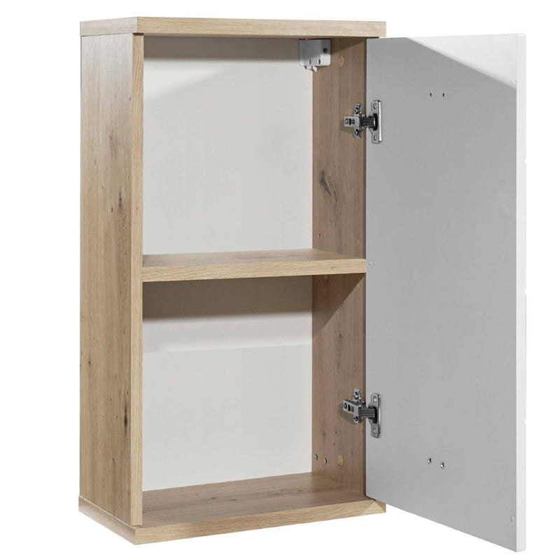 Wooden cabinet with open door on a white background