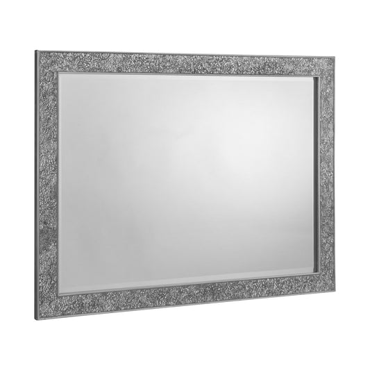 Rectangular mirror with a decorative silver frame on a white background