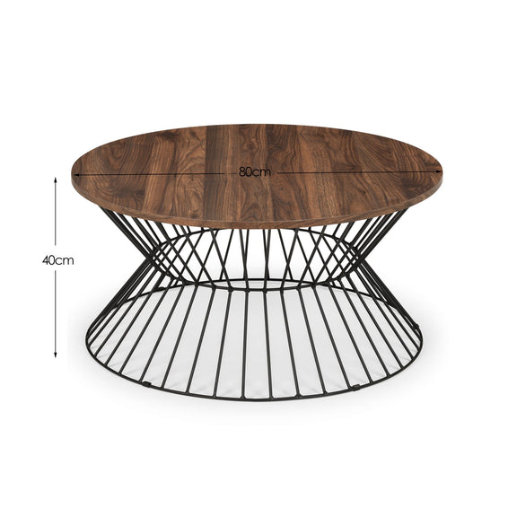 Wooden top and metal wire base table with dimensions on a white background