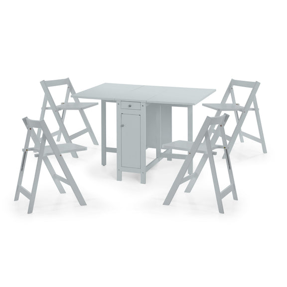 Gray dining table with four matching chairs on a white background