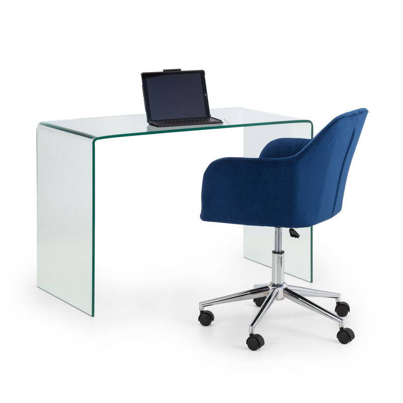 Clear glass desk with a blue office chair on a white background