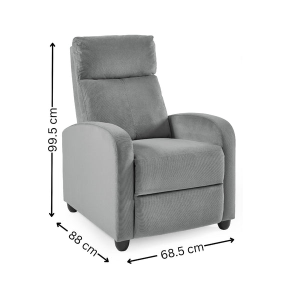 Gray recliner chair with dimensions labeled on a white background