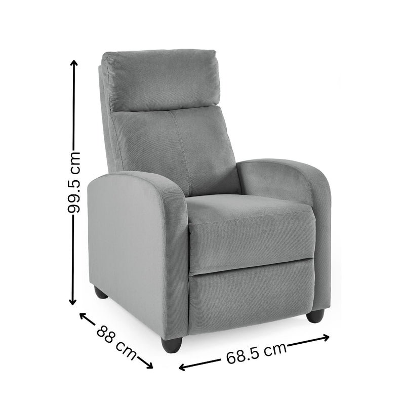 Gray recliner chair with dimensions labeled on a white background