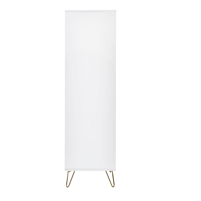 White banner stand with gold hairpin legs on a white background