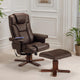Brown leather recliner chair with ottoman in a room with white walls and plants.