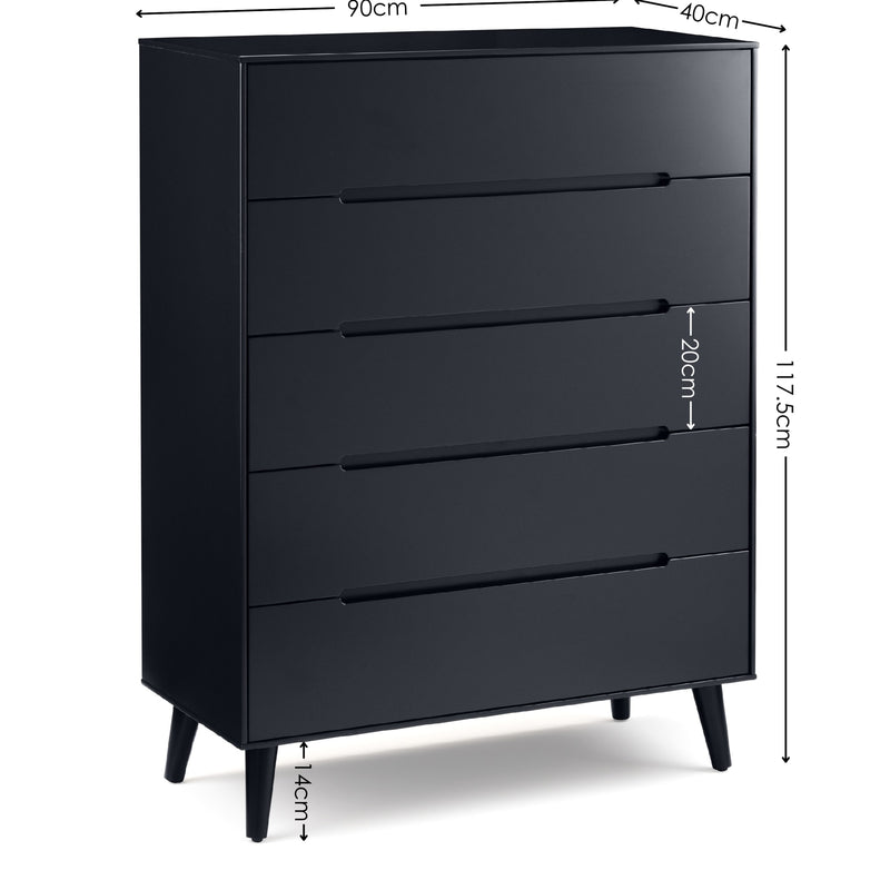 Black dresser with dimensions indicated on a white background