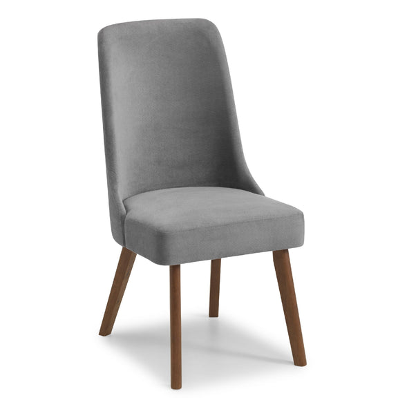 Gray upholstered chair with wooden legs on a white background
