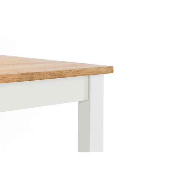 Wooden table top on a white metal frame