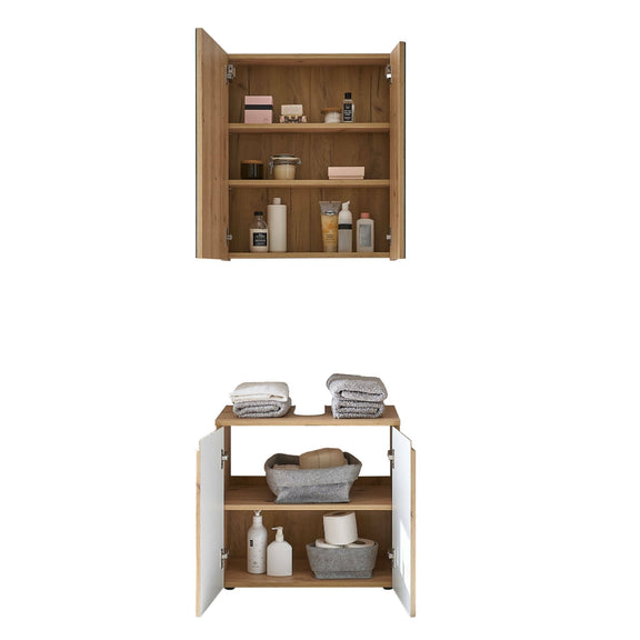 Wooden cabinet with open doors displaying various items on a white background
