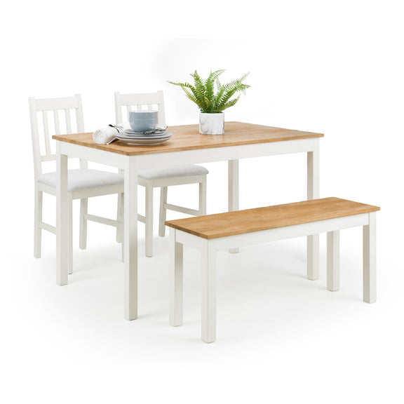 Dining set with wooden table, chairs, and bench on a white background