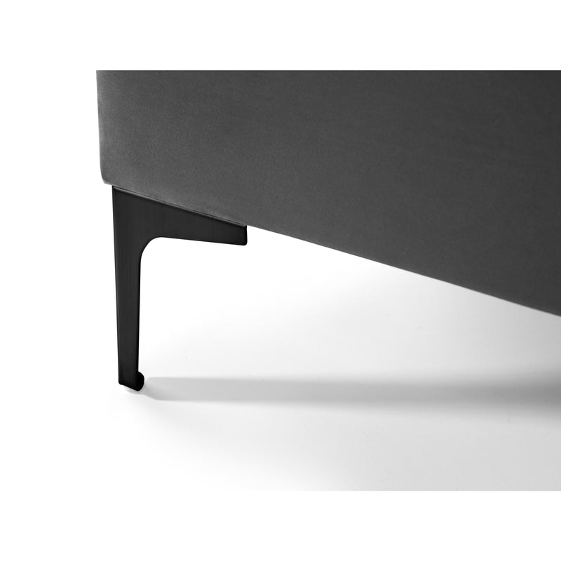 Gray upholstered bed frame with black metal legs on a white background