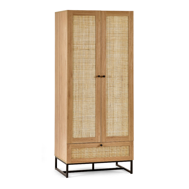 Wooden wardrobe with rattan doors on a white background