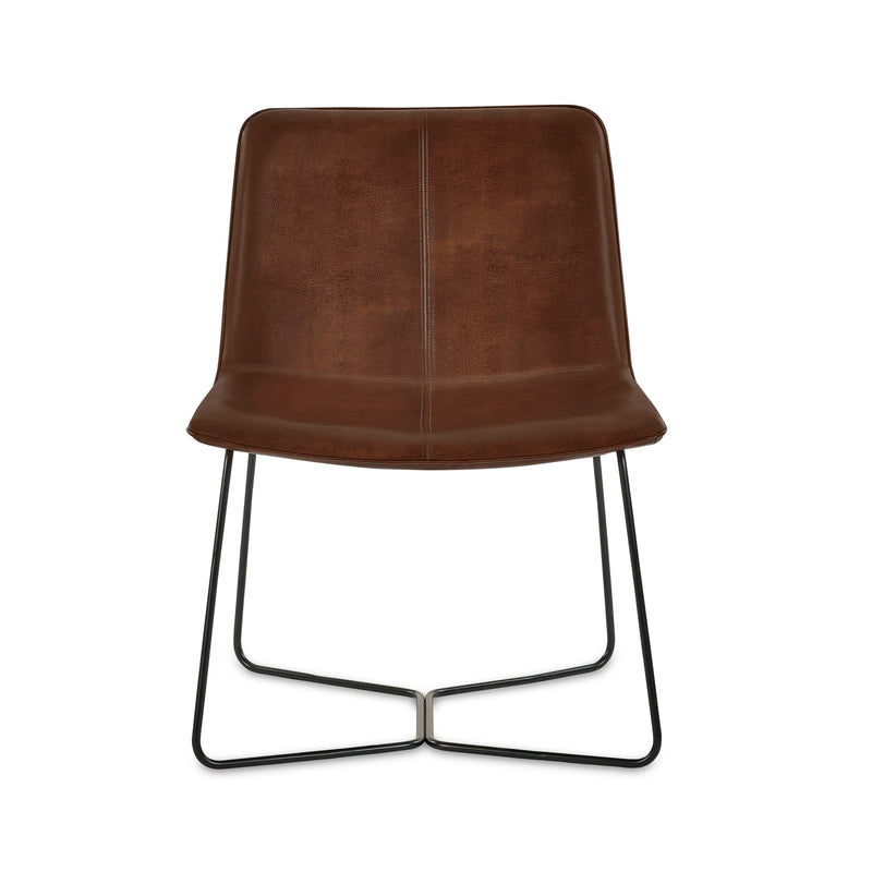 Brown leather chair with black metal legs on a white background