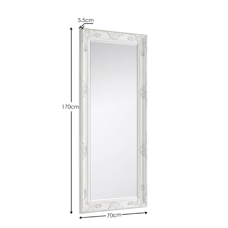 White decorative mirror with dimensions on a white background